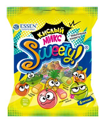 Конфеты ЭССЕН SWEETY, кислый микс, вкус грейпфрут и ананас, вкус лайм и луло, вкус персик и яблоко, Флоупак 180 г