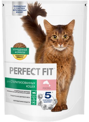 Сухой полнорационный корм PERFECT FIT для стерилизованных кошек, с лососем, 650г
