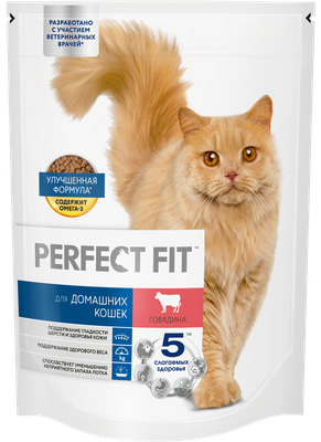 Cухой полнорационный корм PERFECT FIT™ для живущих в помещении кошек, с говядиной, 650г