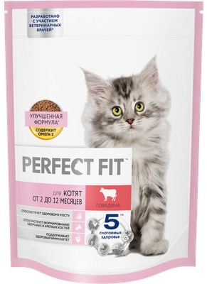 Cухой полнорационный корм PERFECT FIT для котят от 2 до 12 месяцев, с говядиной, 650г Cухой полнорационный корм PERFECT FIT для котят от 2 до 12 месяцев, с говядиной, 650г