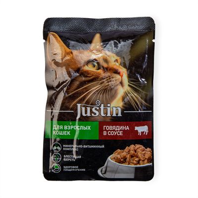 Корм Justin для кошек консервированный с говядиной в соусе пауч 75г