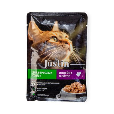 Корм Justin для кошек консервированный с индейкой в соусе пауч 75г