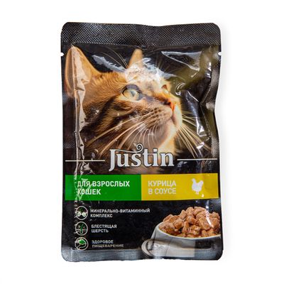 Корм Justin для кошек консервированный с курицей в соусе пауч 75г Корм Justin для кошек консервированный с курицей в соусе пауч 75г