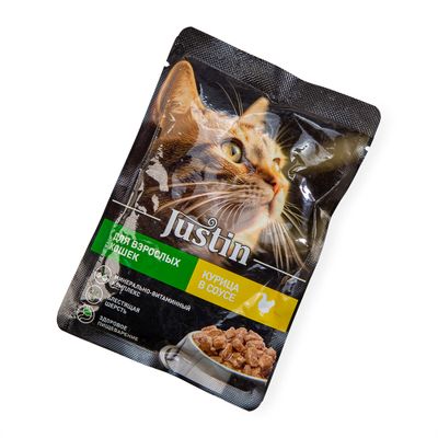 Корм Justin для кошек консервированный с курицей в соусе пауч 75г Корм Justin для кошек консервированный с курицей в соусе пауч 75г
