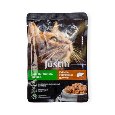 Корм Justin для кошек консервированный курица с печенью в соусе пауч 75г Корм Justin для кошек консервированный курица с печенью в соусе пауч 75г