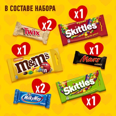 Сладкий подарок M&M'S и друзья Воздушный шар на 14 февраля и 8 марта, набор конфет M&M'S, Snickers, Twix, Bounty, Milky Way, Skittles, 174 г