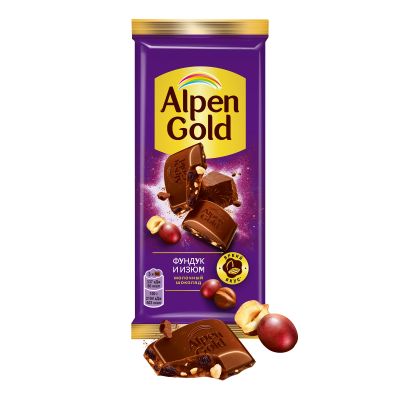 Шоколад молочный Alpen Gold Альпен Гольд с фундуком и изюмом, 80г