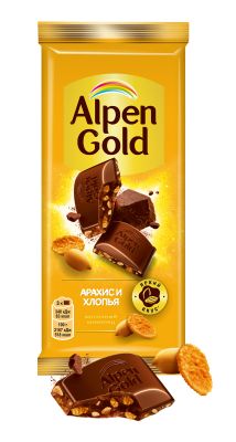 Шоколад молочный Alpen Gold Альпен Гольд с арахисом и кукурузными хлопьями, 80г